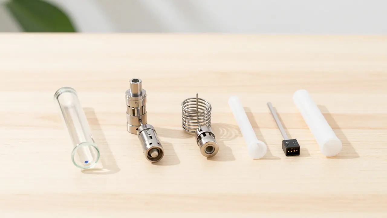 Rozložené díly vape kartuše pro recyklaci na dřevěném stole