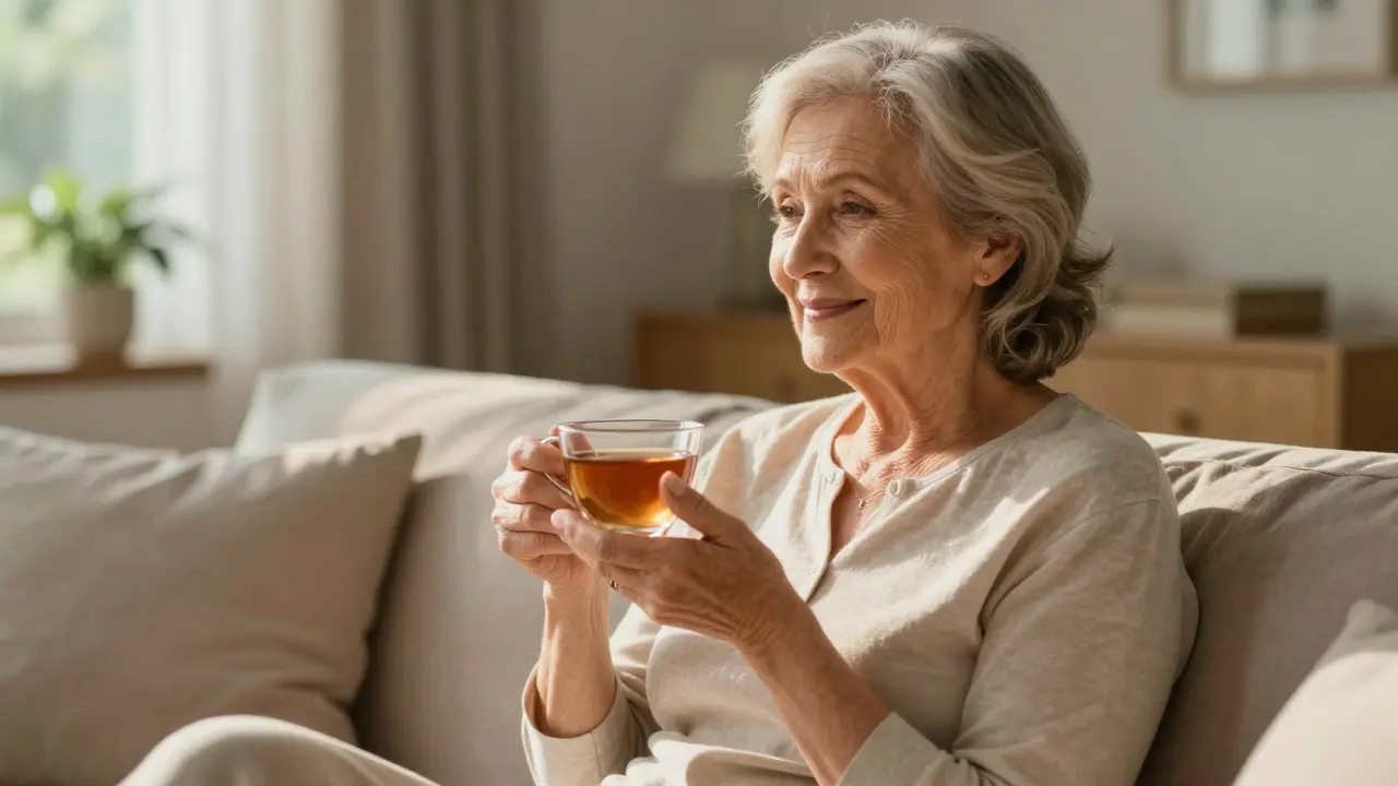 Uklidněná seniorka v obýváku po úlevě od bolesti a úzkosti