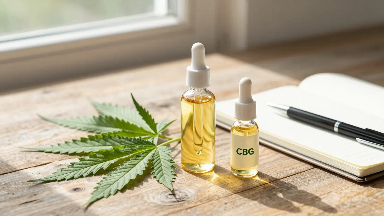 CBD a CBG oleje na dřevěném stole s deníkem