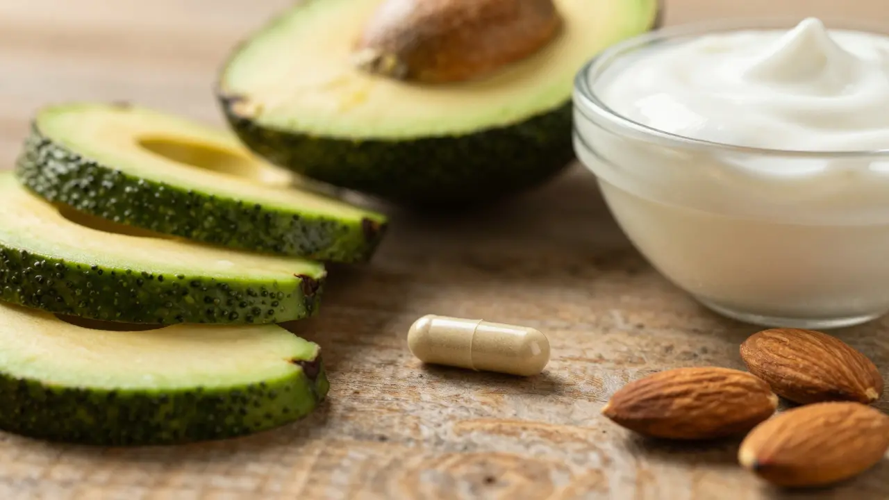 CBD kapsle umístěná mezi tukové potraviny jako avokádo a ořechy pro lepší vstřebání