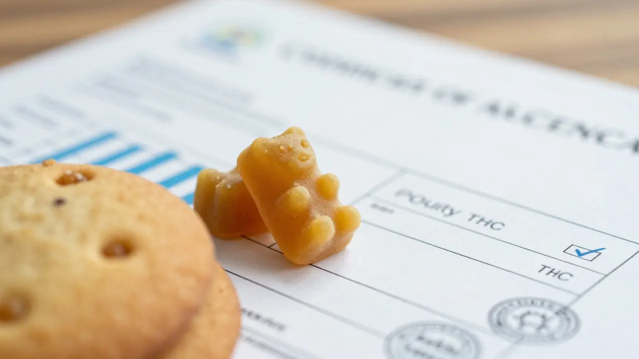 CBD produkt vedle certifikátu analýzy pro ověření kvality
