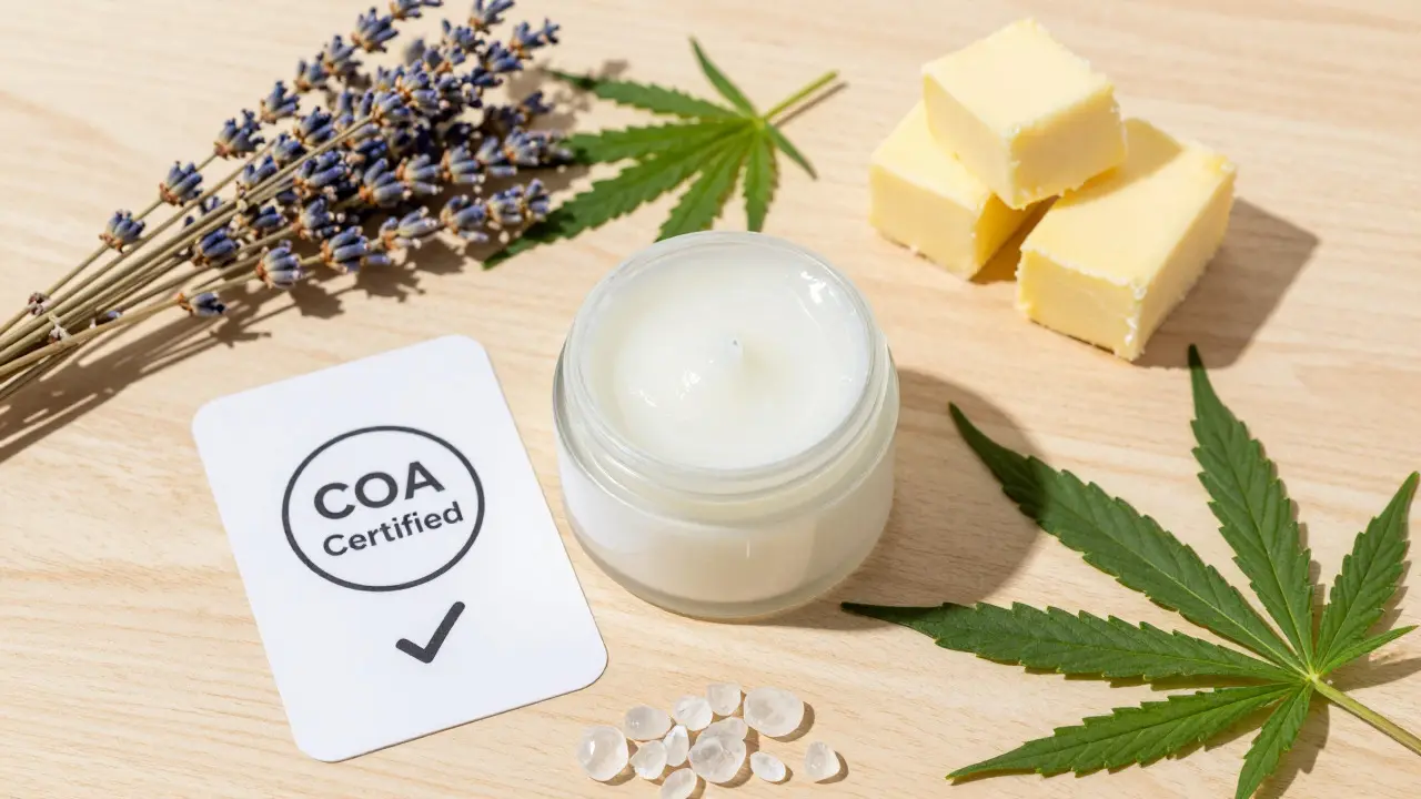 CBD kosmetika s přírodními ingrediencemi na dřevěném stole