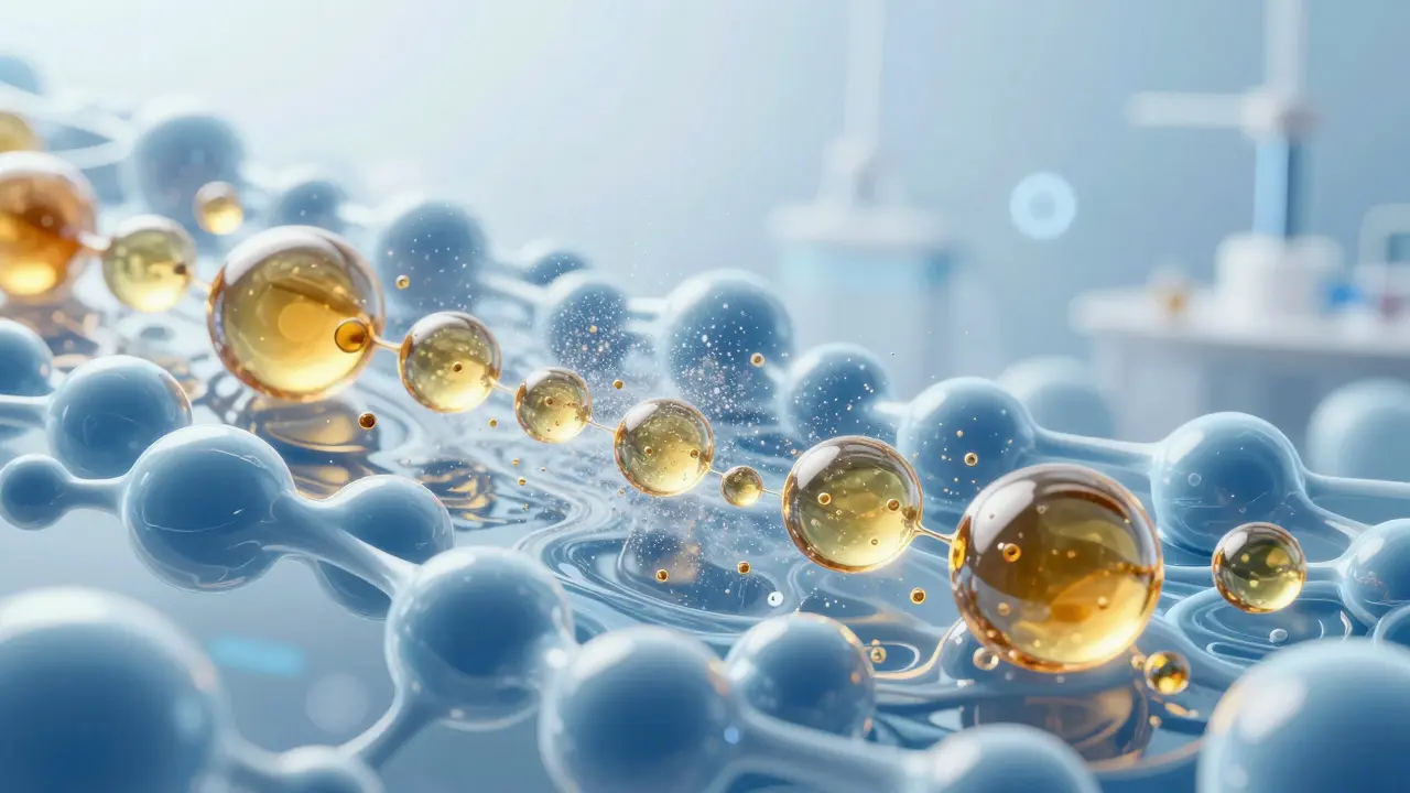 Konceptuální ilustrace nanoemulgace: mikroskopické olejové částice se mísí s vodními molekulami pro lepší vstřebatelnost.