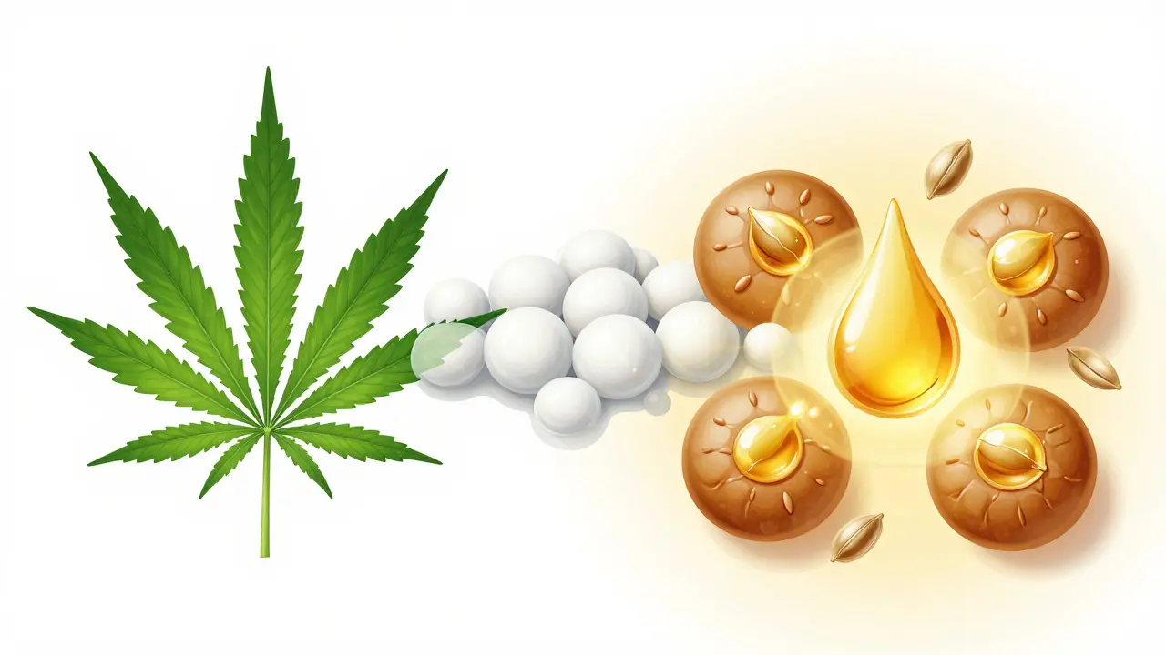 Konceptuální ilustrace rozdílů v účincích THC a CBD na tukové buňky a metabolismus