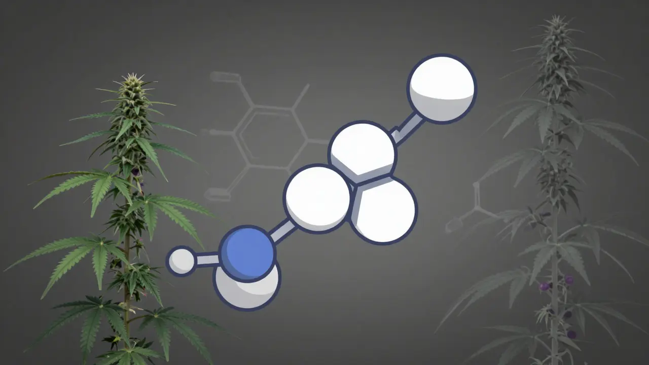 Molekula CBD uprostřed obrysů rostlin typu Indika a Sativa