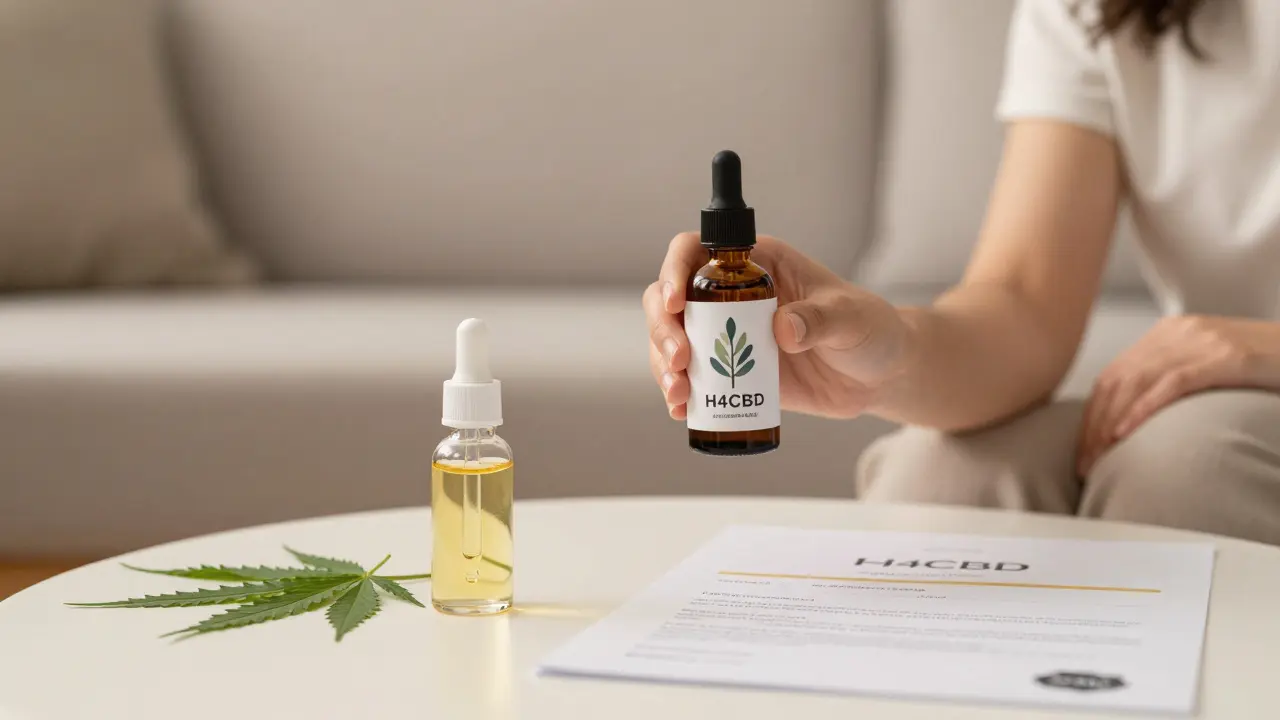Relaxační scéna s lahví oleje H4CBD a certifikátem kvality