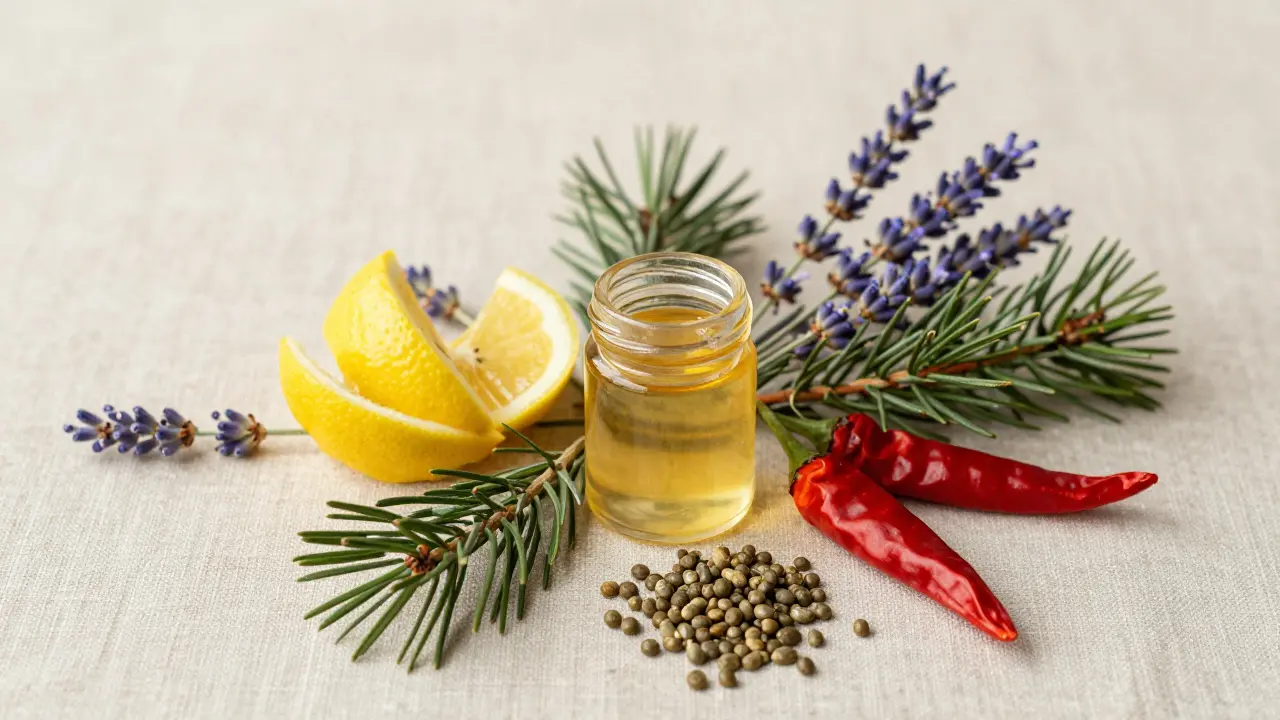 Rozložení přírodních ingrediencí symbolizujících terpény: citron, levandule, borovice a chilli kolem extraktu CBD.