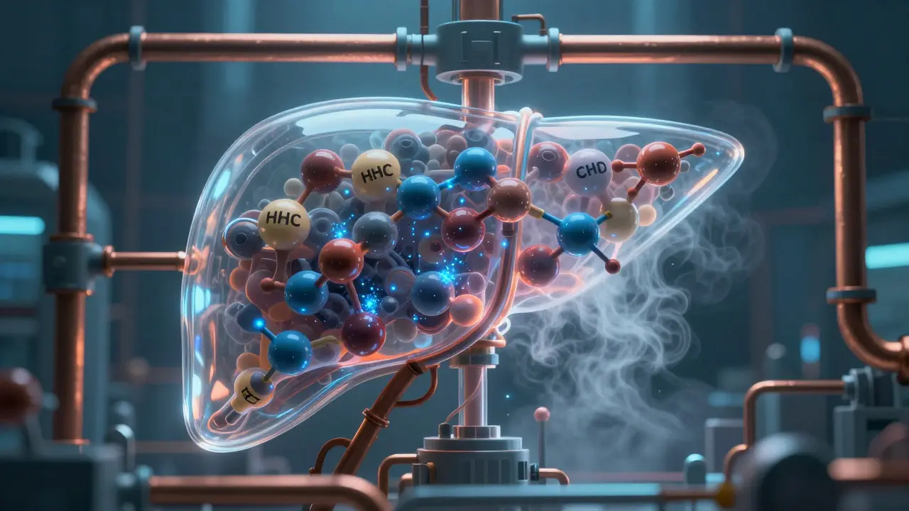 Konceptuální zobrazení metabolismu HHC v játrech