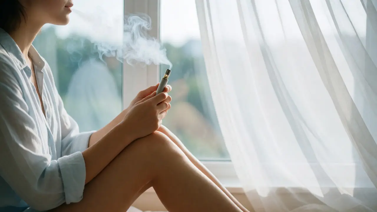 Člověk v klidu ráno u okna používá CBD vape pero.