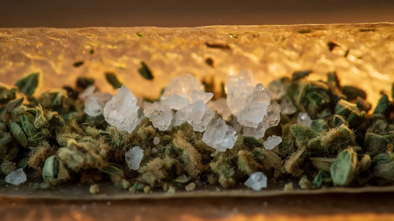 Detailní pohled dovnitř bluntu s vrstvou CBD květu posypaného drobnými krystalky crumble.