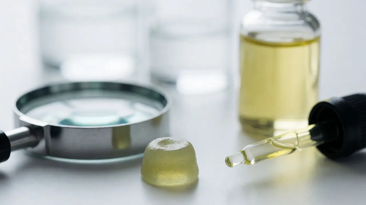 Detailní pohled na konopnou gumu v laboratorním prostředí s lupou
