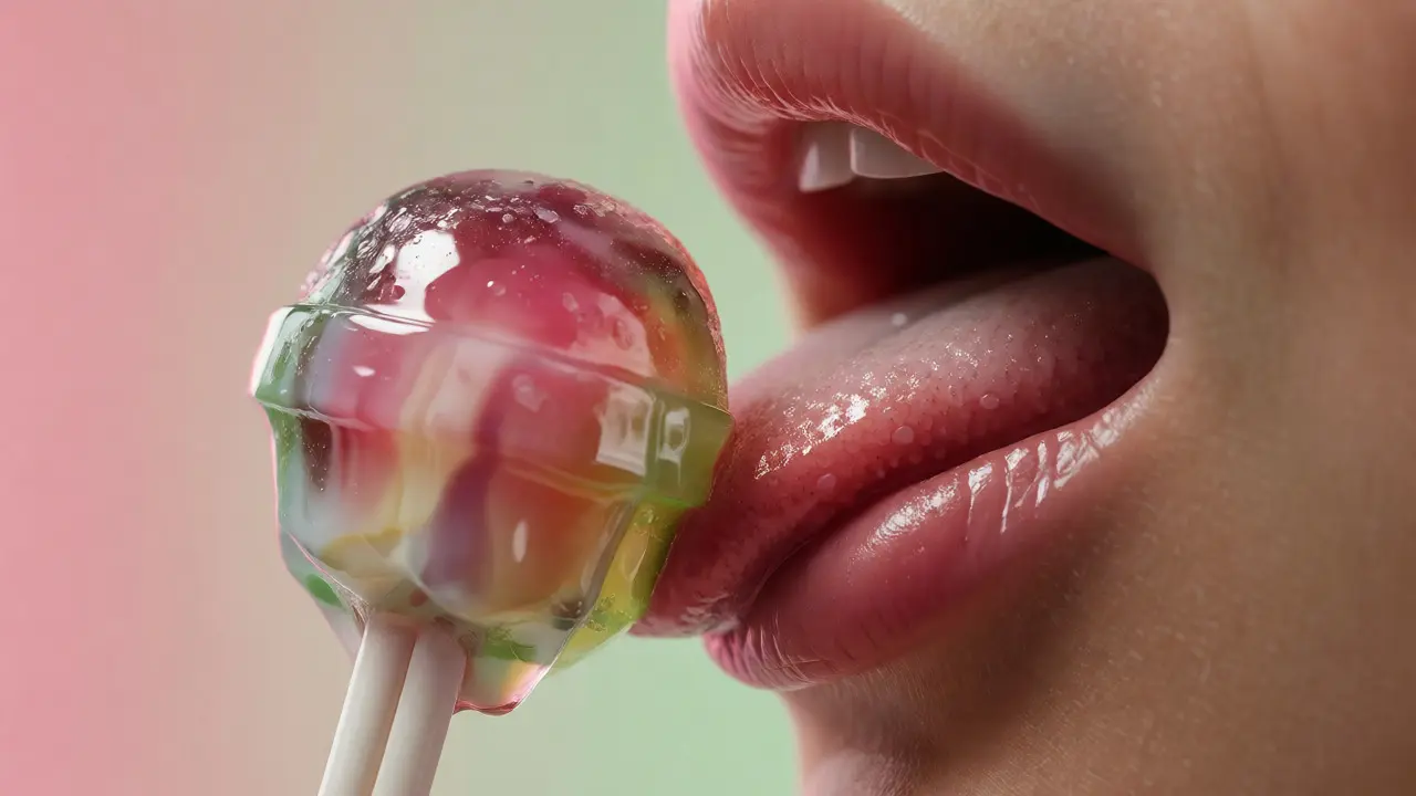 Detailní záběr na rozpouštějící se CBD lollipop na jazyku