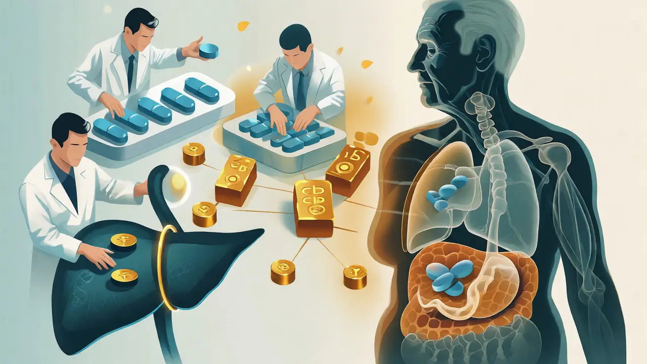 Ilustrace metabolizmu CBD a léků v těle seniora