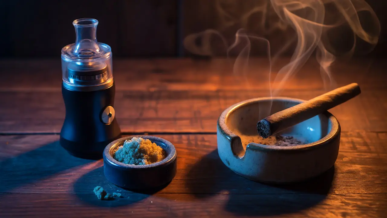 Kontrast mezi moderním vaporizérem s crumblem a tradičním vykouřeným bylinným blunt na dřevěném stole.