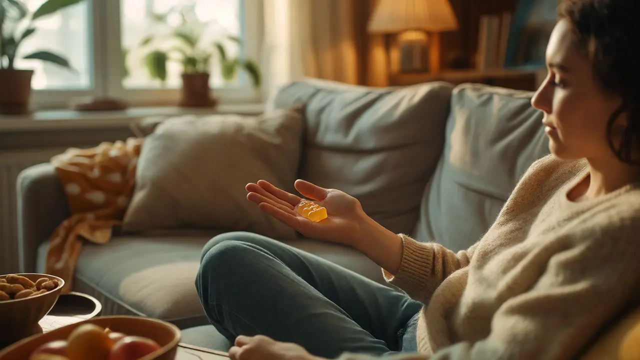 Osoba drží gumového medvídka s THC v pohodlném obýváku