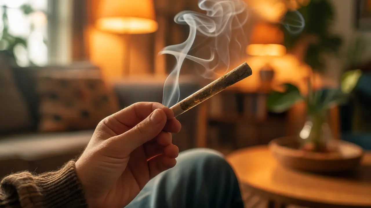 Ruka držící joint s CBD shatterem v útulném interiéru s jemným kouřem.