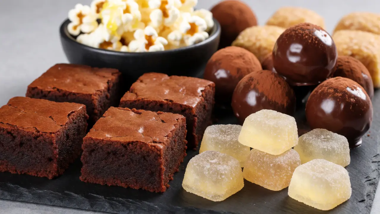 Různé domácí edibles: brownies, gumové medvídky a čokoládové pralinky na talíři