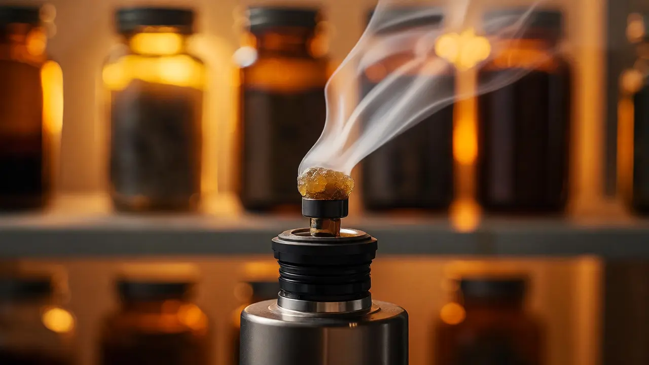 Vapování CBD shatteru z dab rigu s jemným obláčkem páry ve teplém osvětlení.