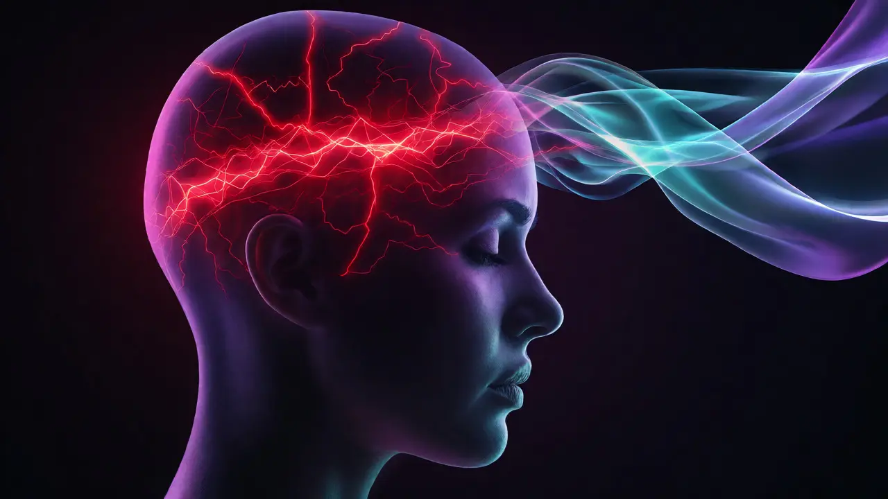 Abstract concept of headache pain dissolving into calm light