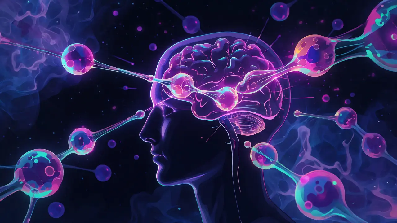 Abstract visualization of THCP molecules binding to brain receptors.