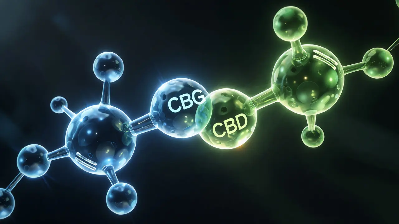 Abstraktní vizualizace synergie molekul CBG a CBD v tmavém pozadí.