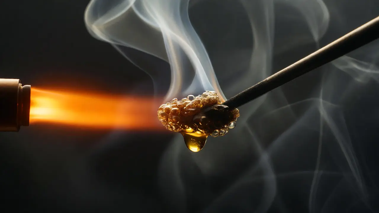 CBD hash bublá a taje pod horkým nástrojem, uvolňuje bílý kouř a zlatý olej.