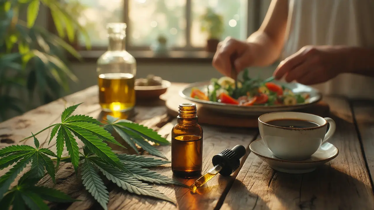 CBD olej, konopné listy a káva na dřevěném stole
