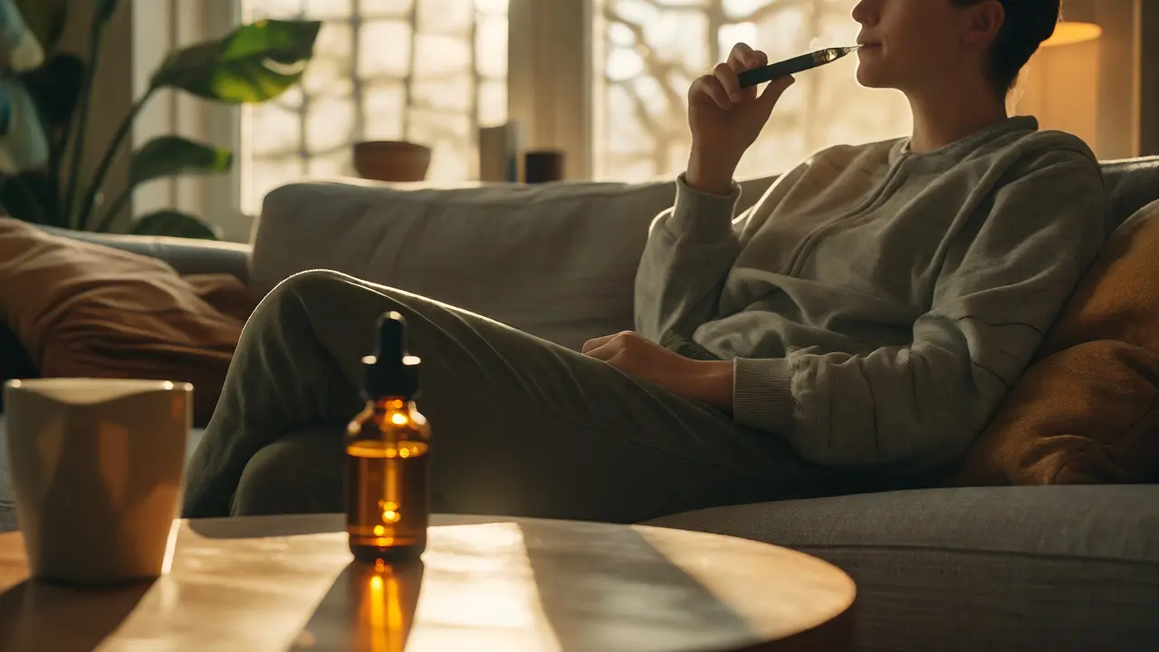 Člověk relaxující na gauči s CBD vapem a olejem