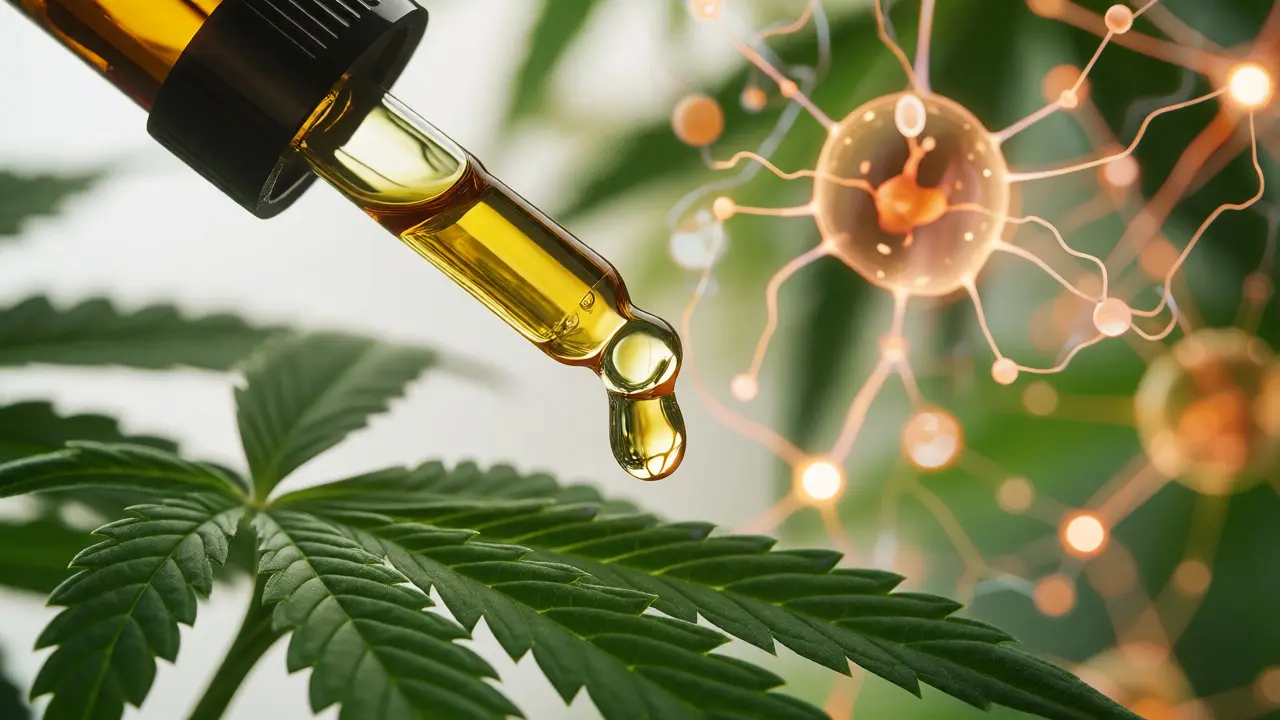 Kapka CBD oleje nad konopnými listy s abstraktním pozadím nervových drah.