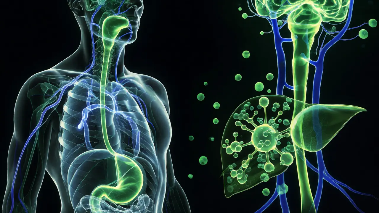 Konceptuální ilustrace přeměny THC v játrech na silnější metabolit.