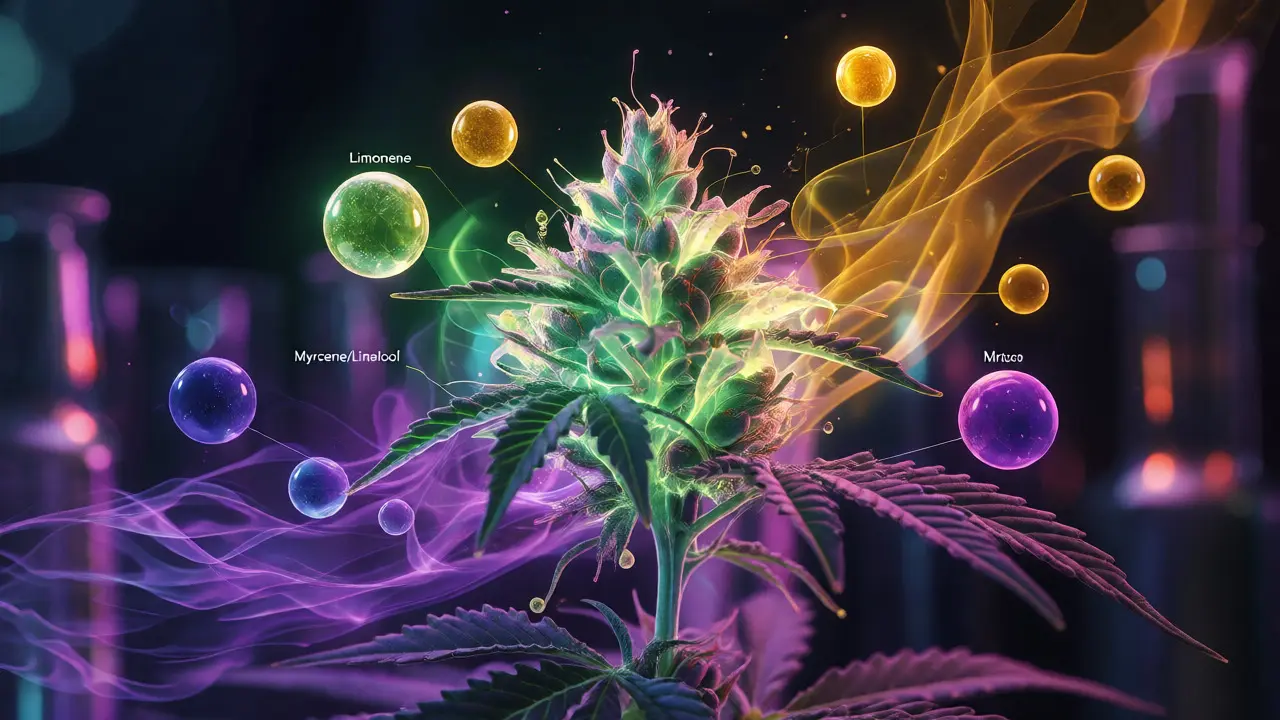 Konceptuální vizualizace entourage efektu a terpenů