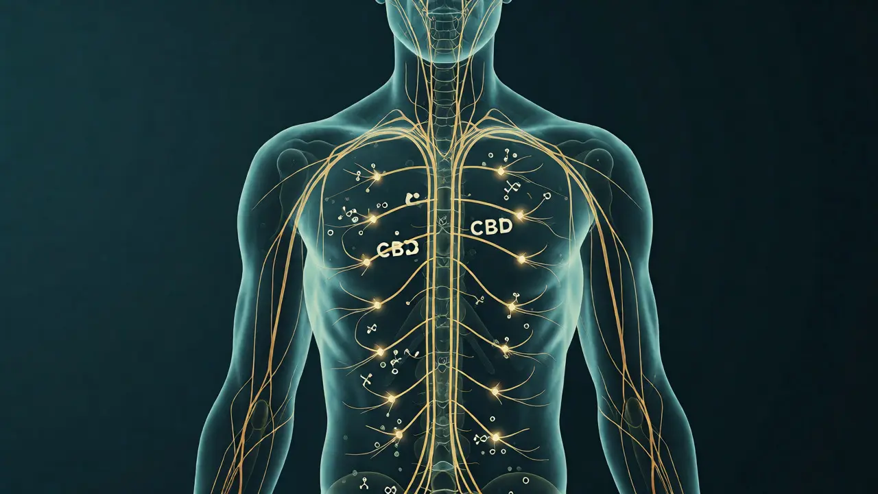 Konceptuální vizualizace interakce CBD s endokanabinoidním systémem těla pro dosažení rovnováhy.