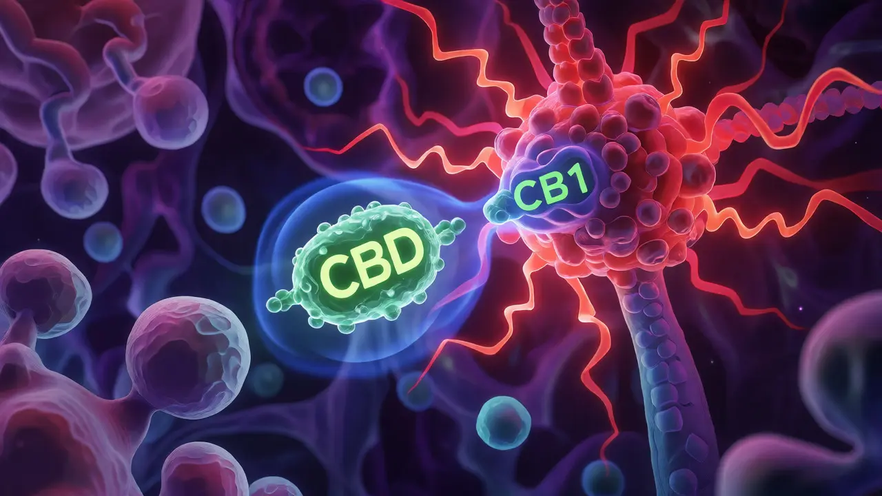 Konceptuální vizualizace účinku CBD na receptory CB1