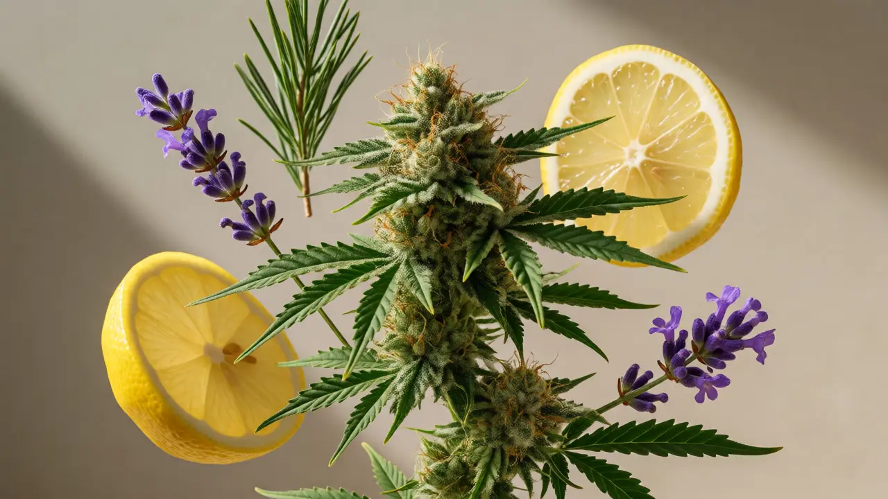 Makro fotografie konopných květů obklopených citronem, levandulí a borovicí