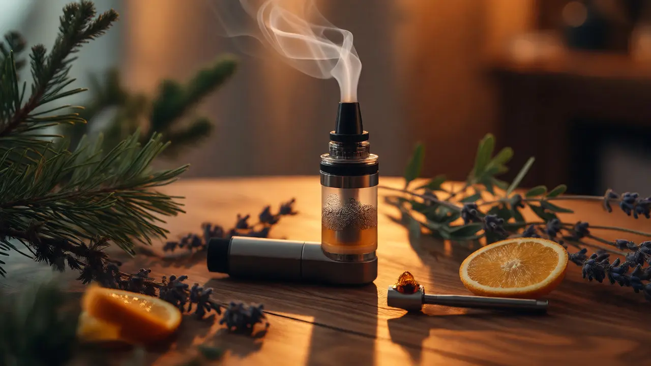 Moderní e-rig s párou obklopený bylinkami a citrusy pro ilustraci terpenů.