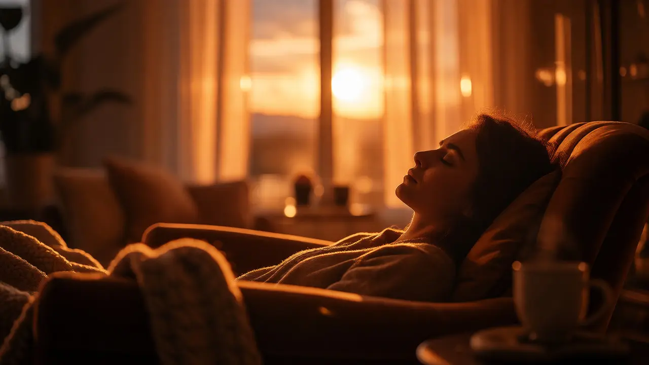 Osoba v hluboké relaxaci v křesle při západu slunce s čajem