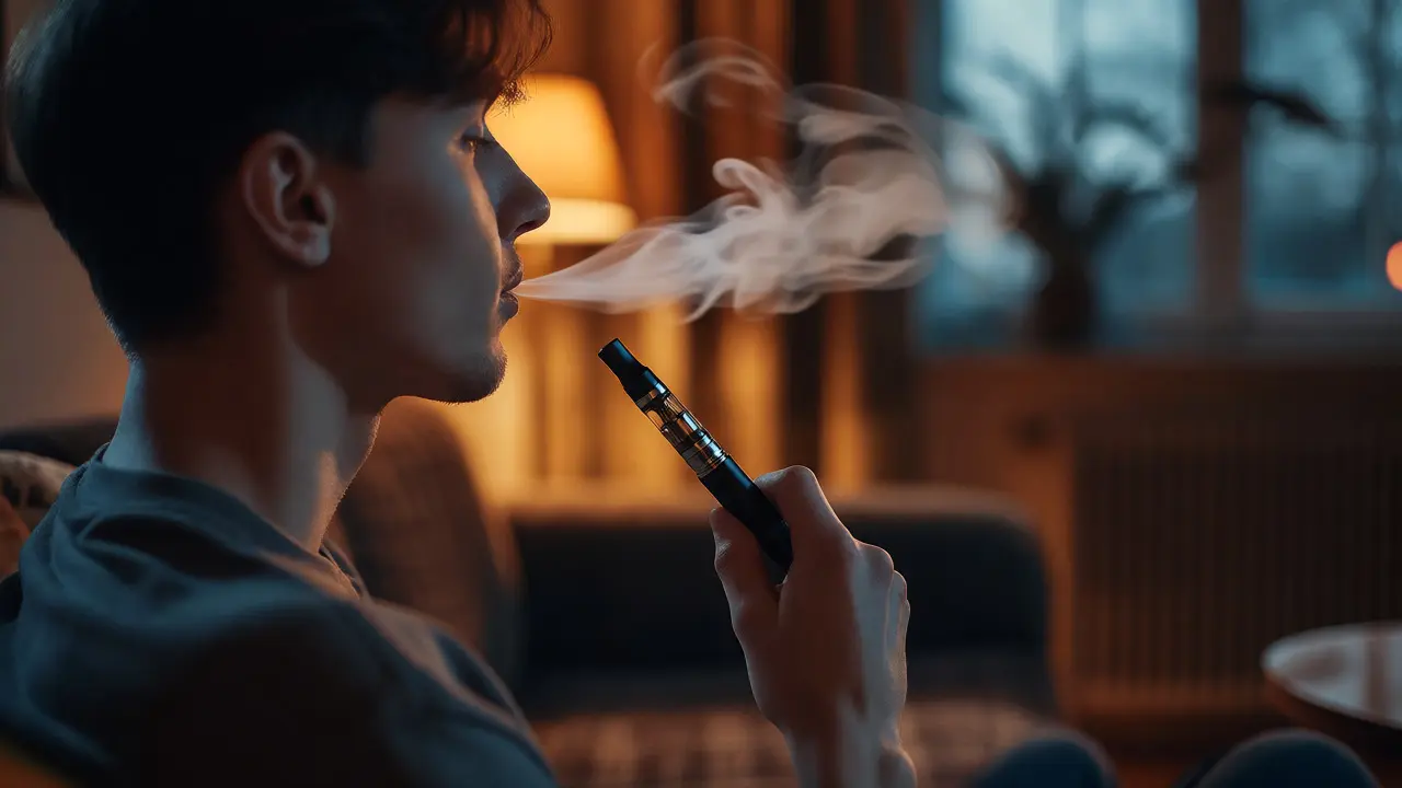 Osoba vapující Delta-8 destilát z moderního vaporizéru v obývacím pokoji