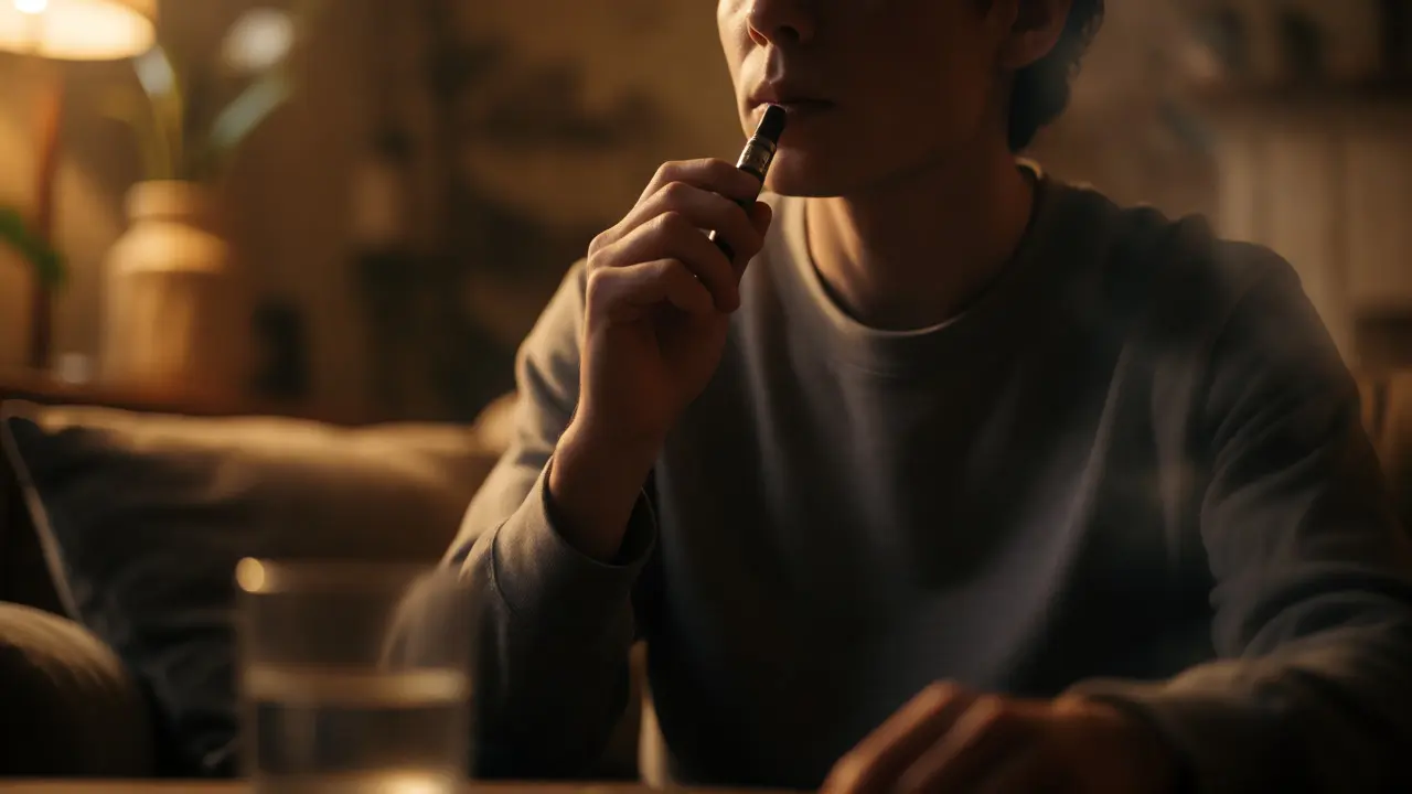 Osoba zamyšleně drží vape pero před inhalací v teplem osvětleném pokoji