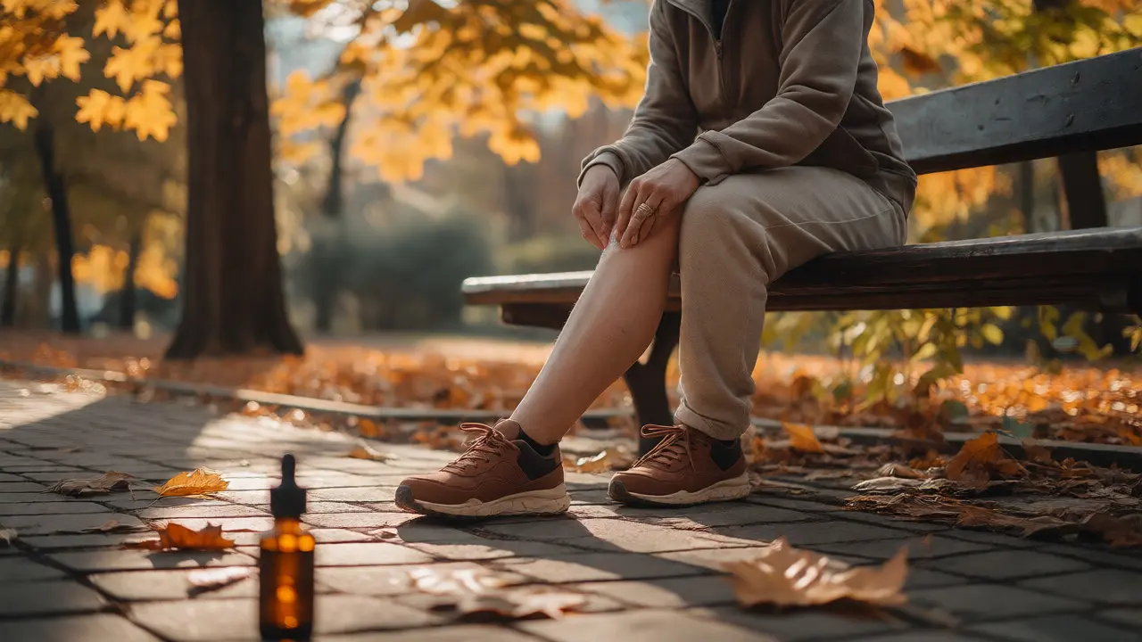 Person applying CBD gel to knee outdoors in autumn setting
