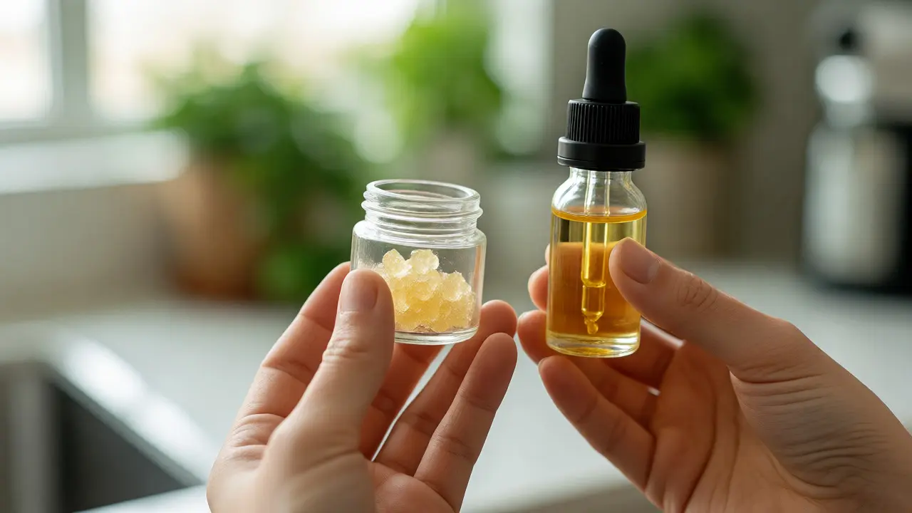 Porovnání sklenice CBD shatteru a lahvičky CBD oleje na kuchyňské lince