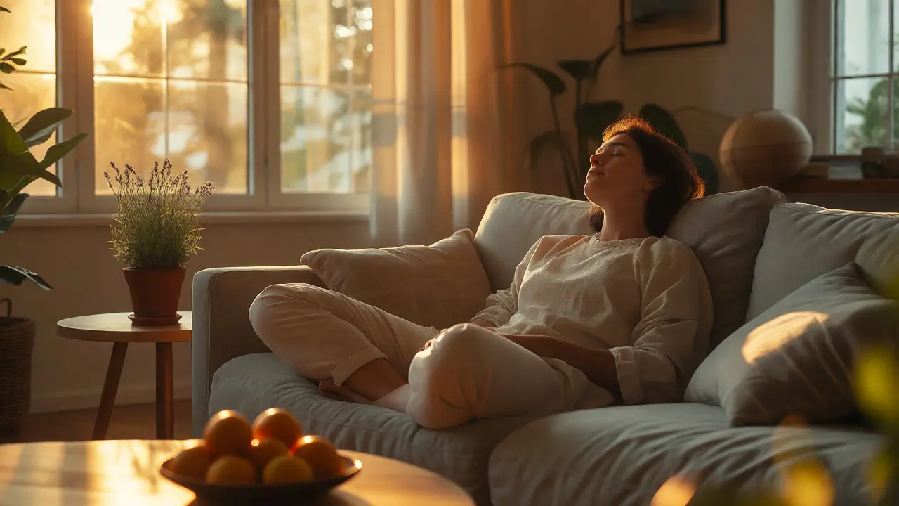 Relaxující osoba v obývacím pokoji s levandulí a citrusy