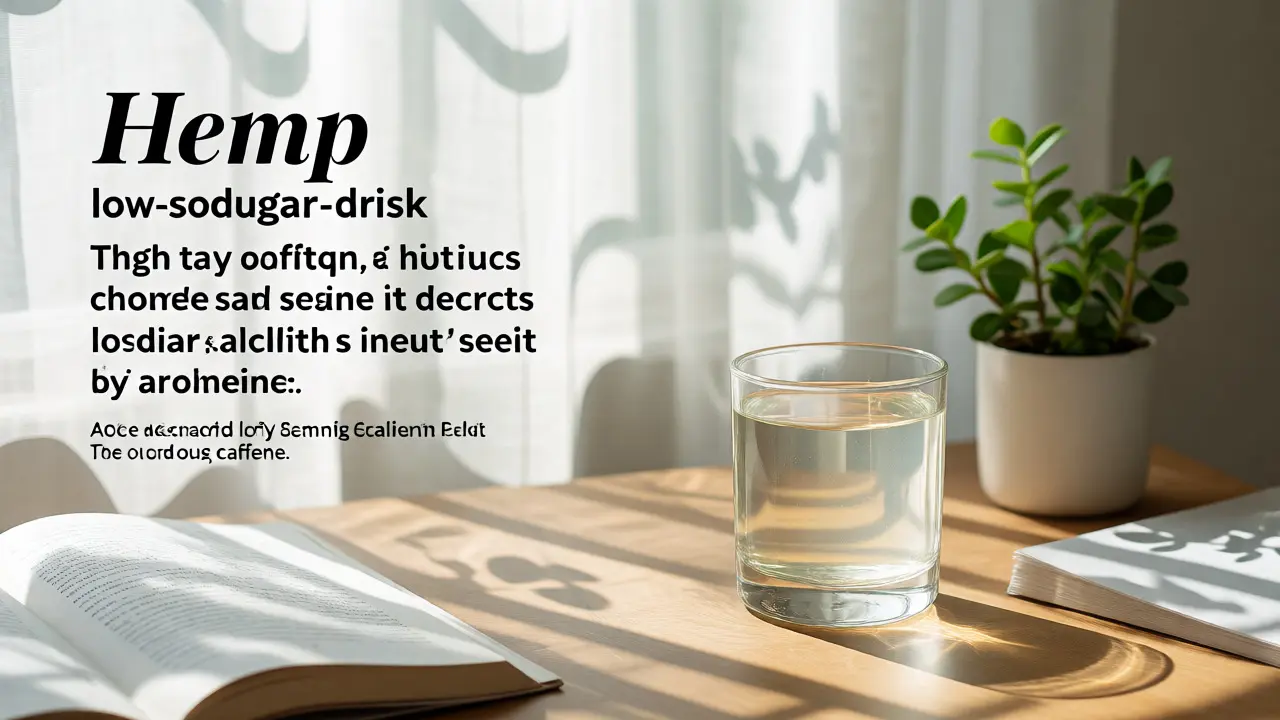 Sklenice hemp drinku na dřevěném stole v ranním slunci vedle knihy a rostliny.