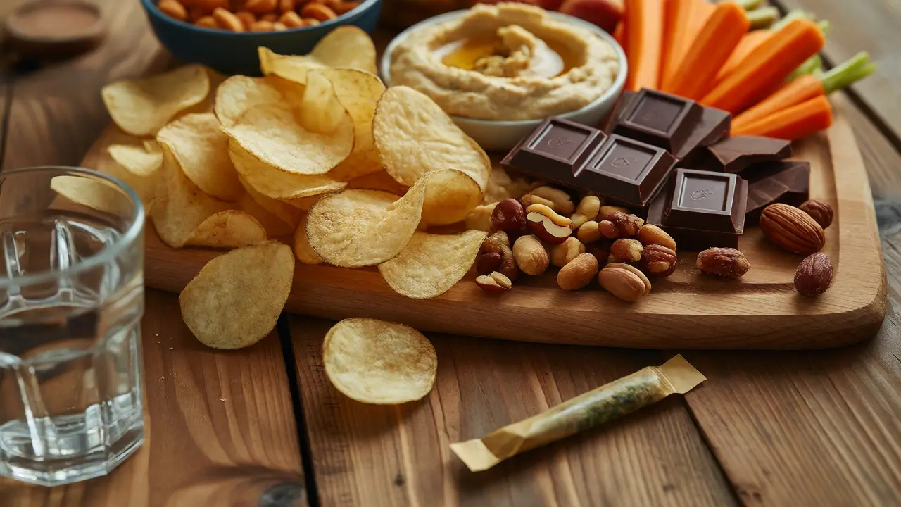 Stůl plný chutných snacků jako chipsy, oříšky a čokoláda