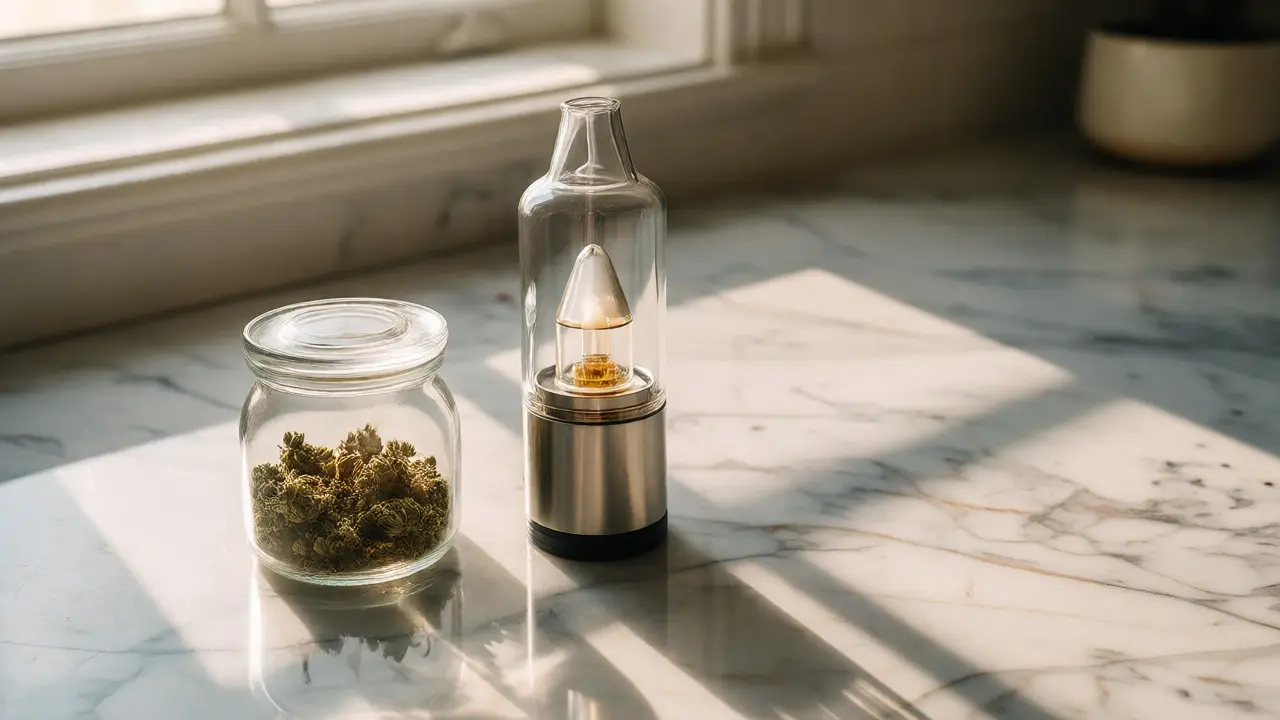 Suchý vaporizér vedle skleněné nádoby s CBD květinami