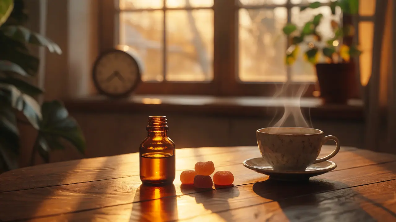 THCP oil and gummies on a table with tea, depicting slow oral onset.